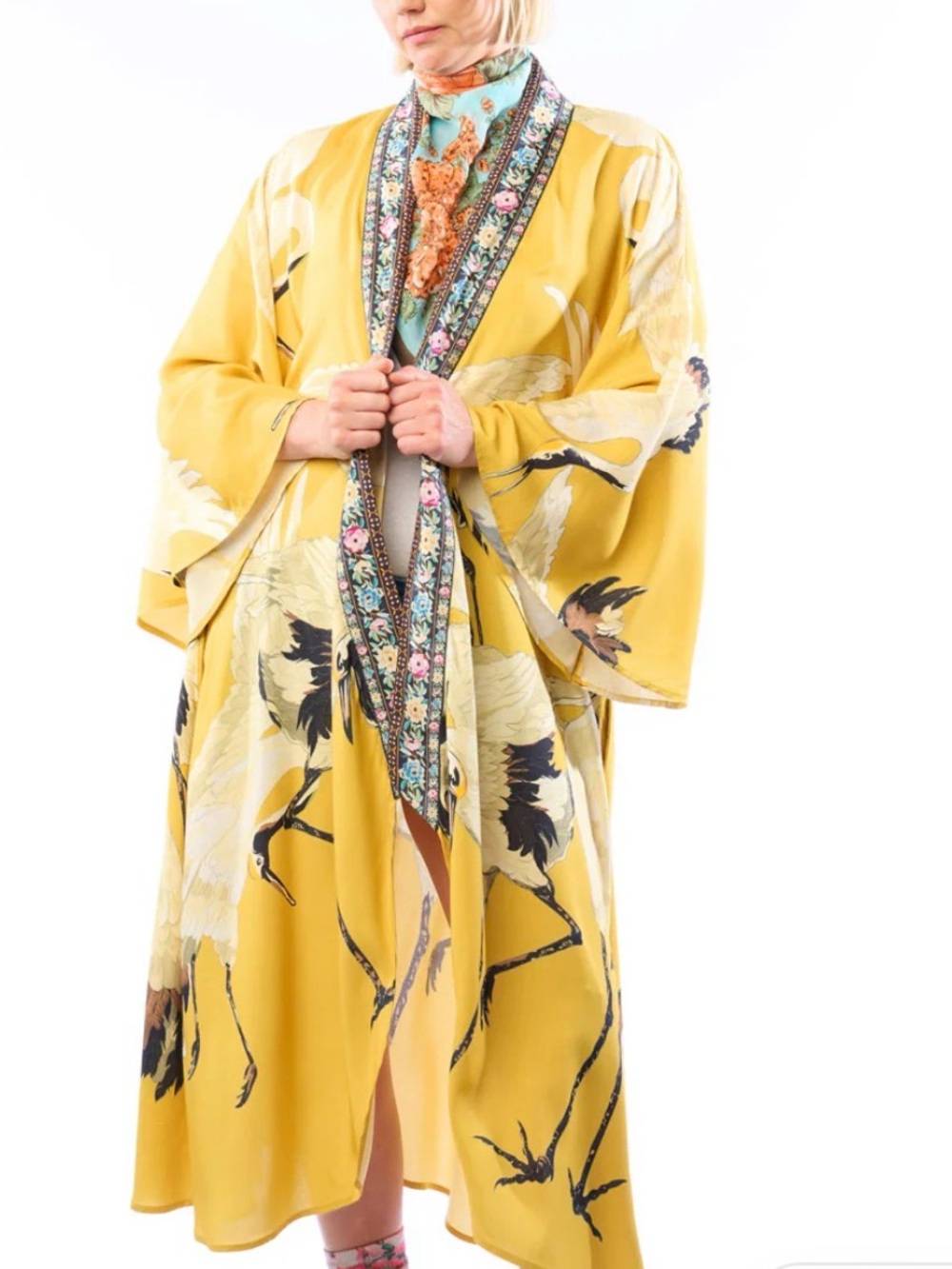 Crane-Print Satin Kimono Robe in Mustard Yellow with Floral Trim